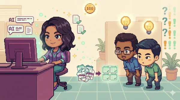 16비트 픽셀 아트: AI 챔피언이 동료들에게 지식을 전파하는 장면