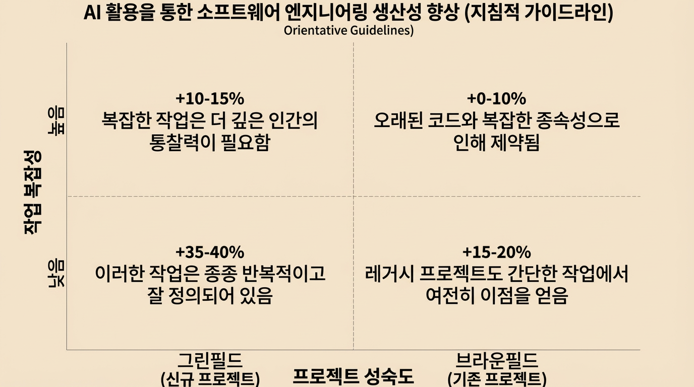 그린필드 vs 브라운필드 프로젝트에서 AI 생산성 향상을 보여주는 2x2 매트릭스