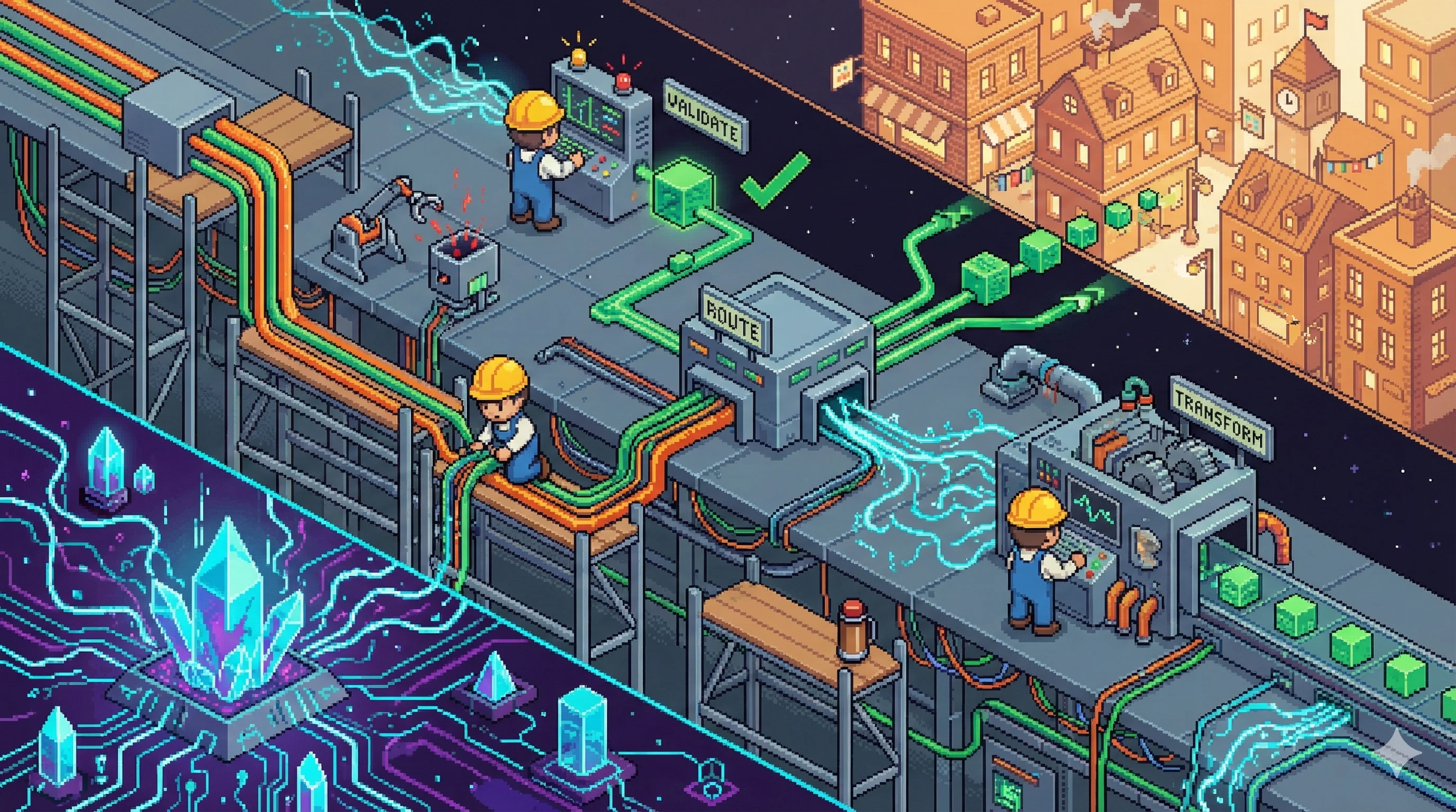 AI와 인간 세계를 연결하는 '메시 미들' 인프라를 구축하는 작업자들이 있는 픽셀 아트 장면