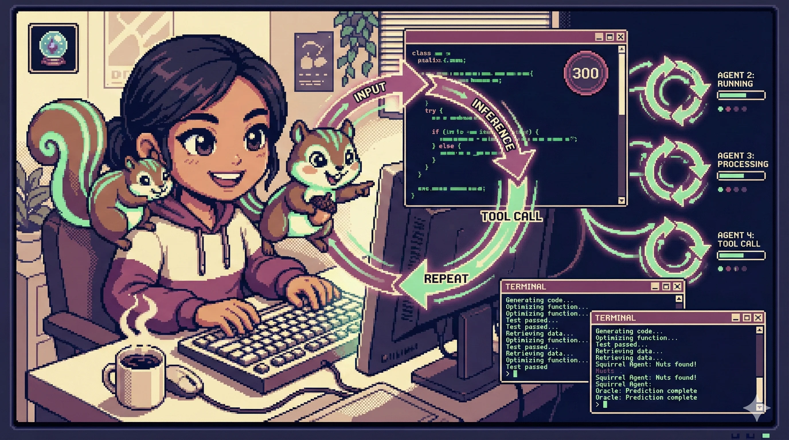 16비트 픽셀 아트 스타일의 개발자와 어깨 위의 다람쥐 AI 동반자가 빛나는 코드 루프에 둘러싸인 워크스테이션에서 작업하고 있다