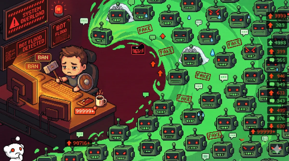 AI 봇의 홍수와 싸우는 레딧 모더레이터 - 16비트 픽셀 아트