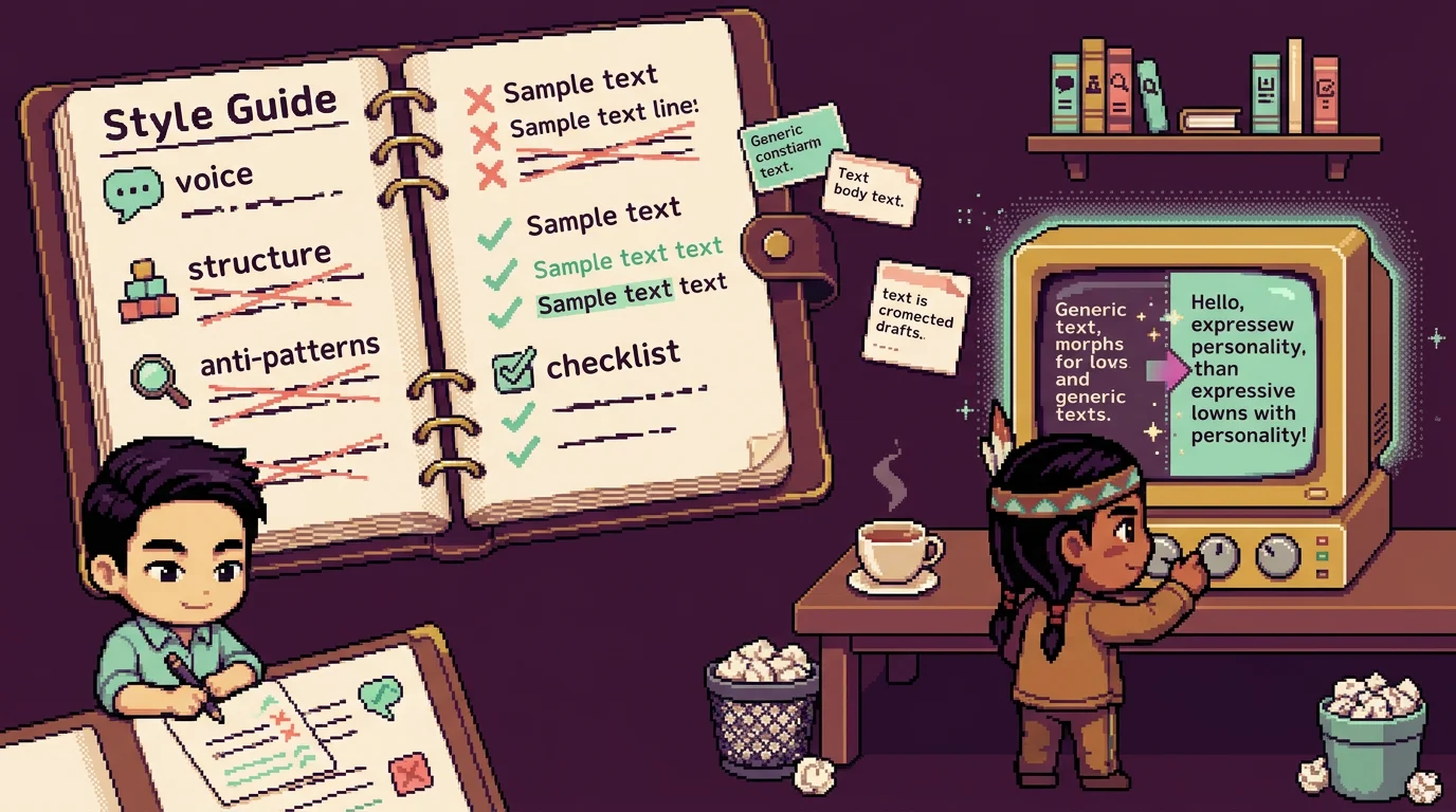 16비트 픽셀아트 스타일의 작가 작업실 — 두 치비 캐릭터가 AI 터미널과 함께 스타일 가이드를 만들고 있다