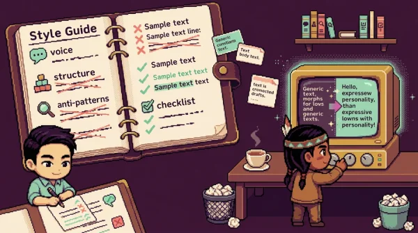 16비트 픽셀아트 스타일의 작가 작업실 — 두 치비 캐릭터가 AI 터미널과 함께 스타일 가이드를 만들고 있다