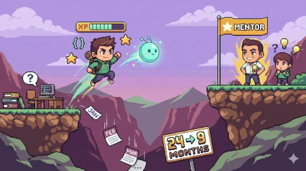 주니어 개발자가 AI 도구를 사용하여 성장하는 모습을 표현한 일러스트레이션