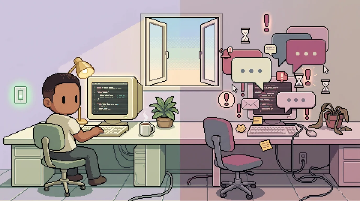 차분한 코딩 환경과 혼란스러운 채팅 에이전트 인터페이스를 대비시킨 16비트 픽셀 아트