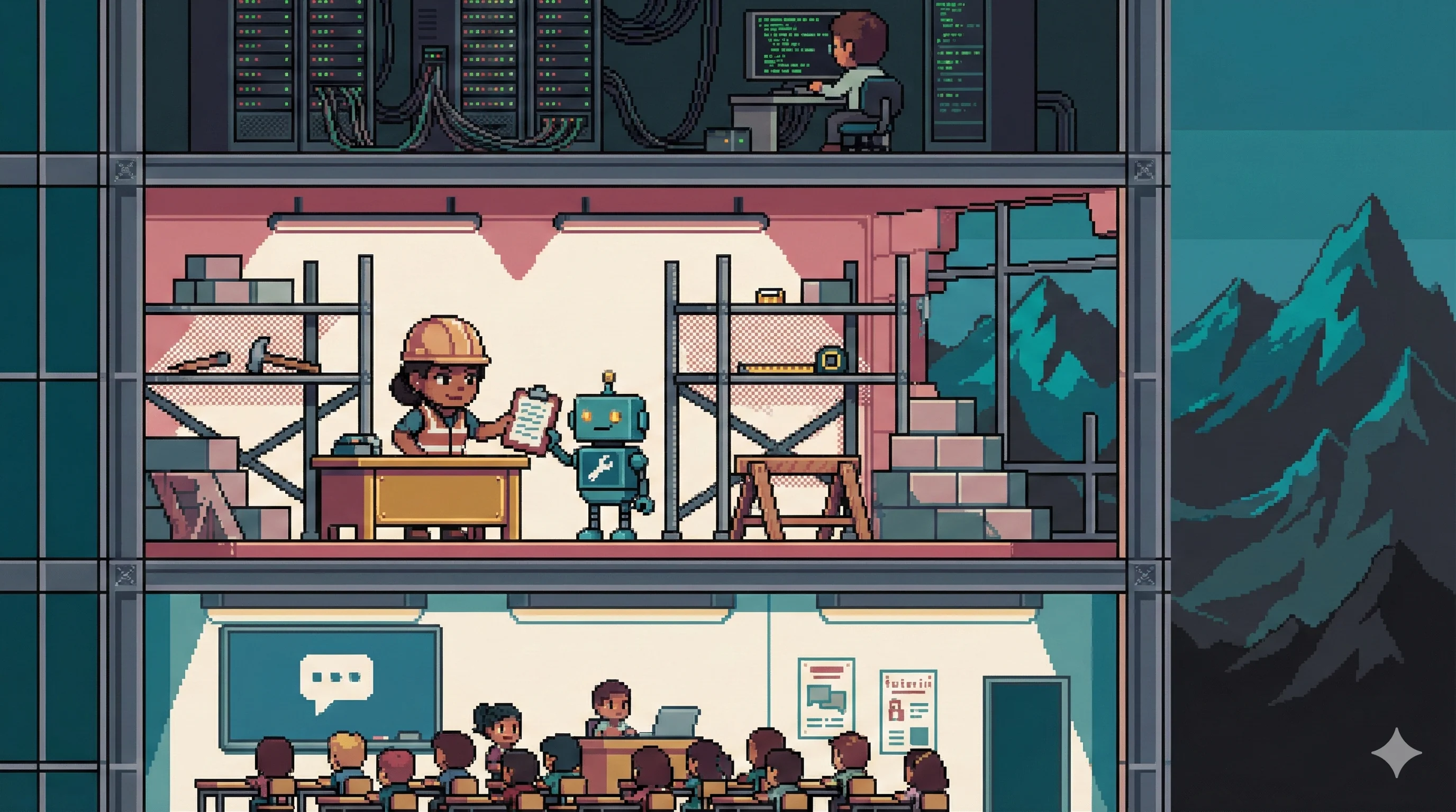 16비트 픽셀 아트 3층 건물 단면도 — 1층은 가득 찬 교실, 공사 중인 2층에서 리더가 로봇 인턴과 협업하고, 3층은 어두운 서버실. 울퉁불퉁한 산맥이 배경에 보인다