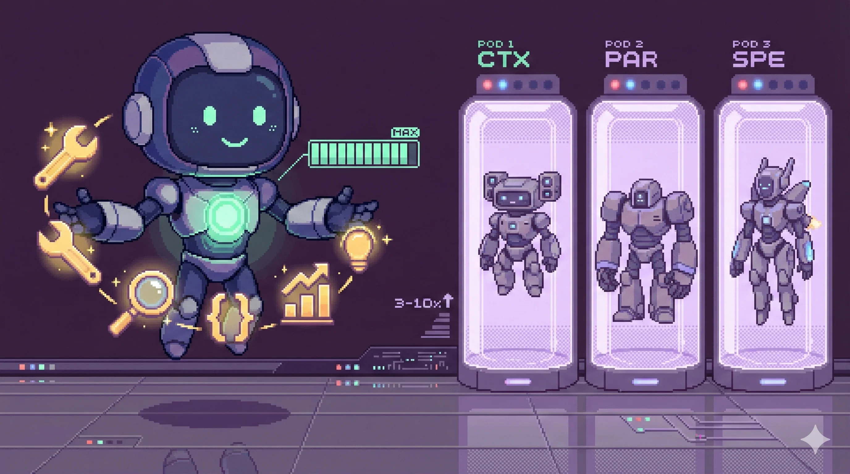 16비트 픽셀 아트: 단일 로봇이 도구 아이콘들을 효율적으로 관리하고 있고, 오른쪽에는 대기 중인 멀티 에이전트 포드가 보이는 장면