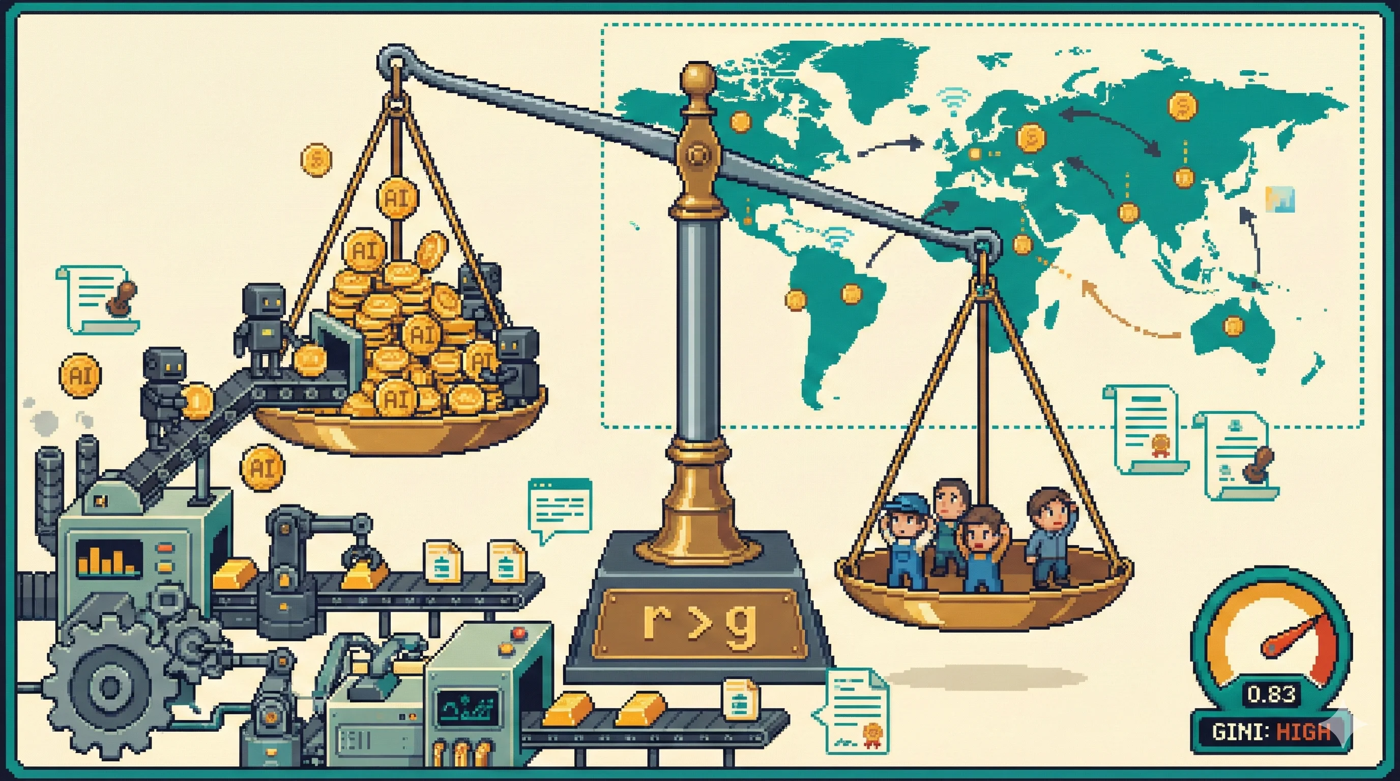 자본과 노동의 균형을 보여주는 저울, 16비트 픽셀아트