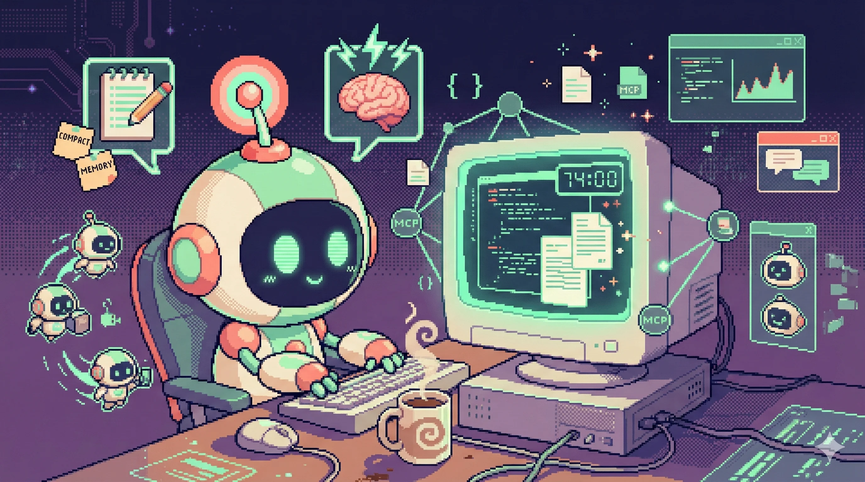 AI 로봇이 자율적으로 워크스테이션에서 작업하는 16비트 픽셀 아트