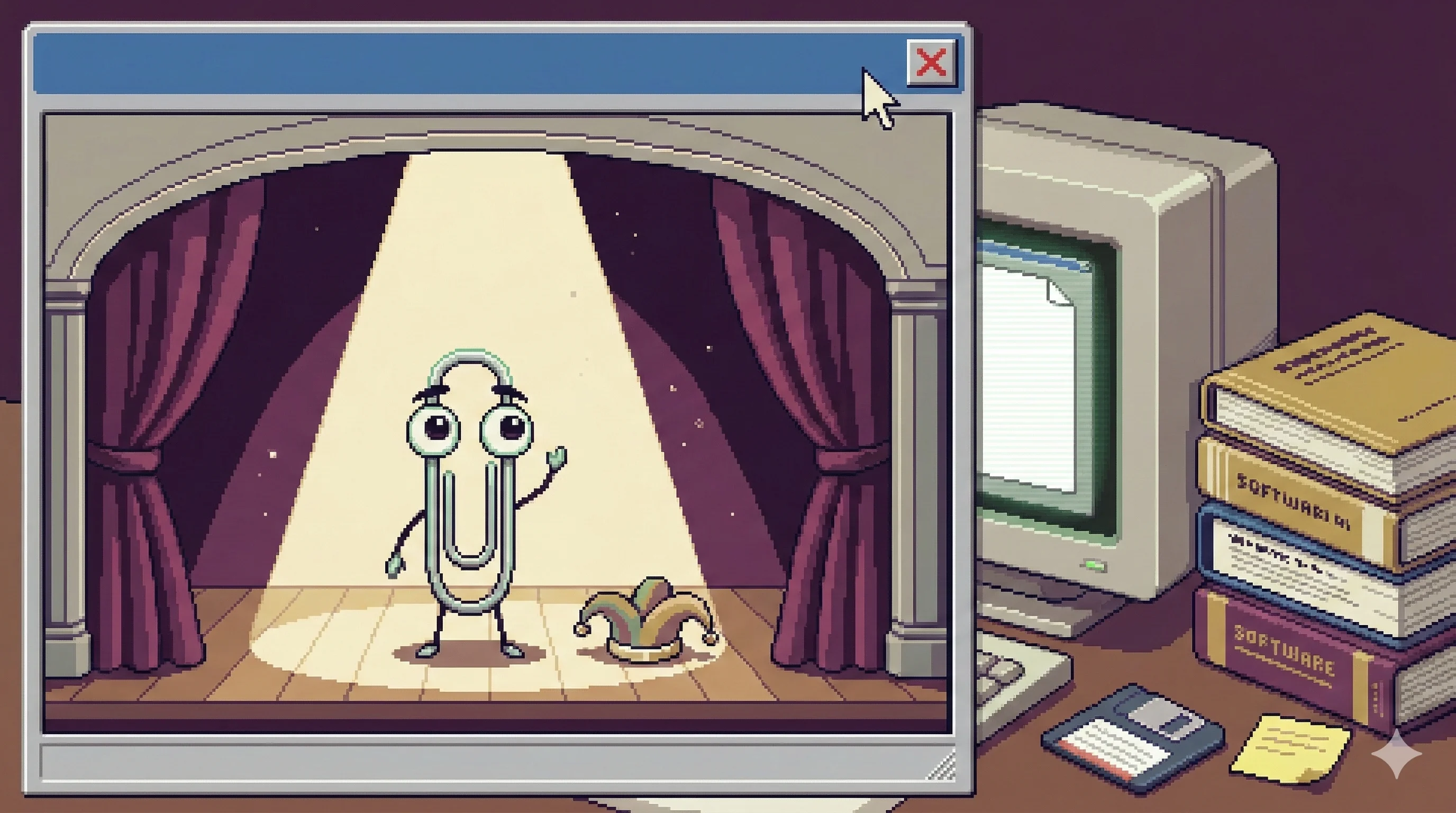 16비트 픽셀아트 — Windows 95 창 안의 작은 무대 위에 서 있는 클리피 캐릭터