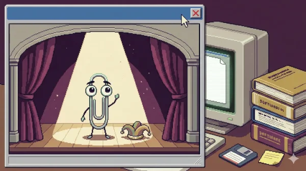 16비트 픽셀아트 — Windows 95 창 안의 작은 무대 위에 서 있는 클리피 캐릭터