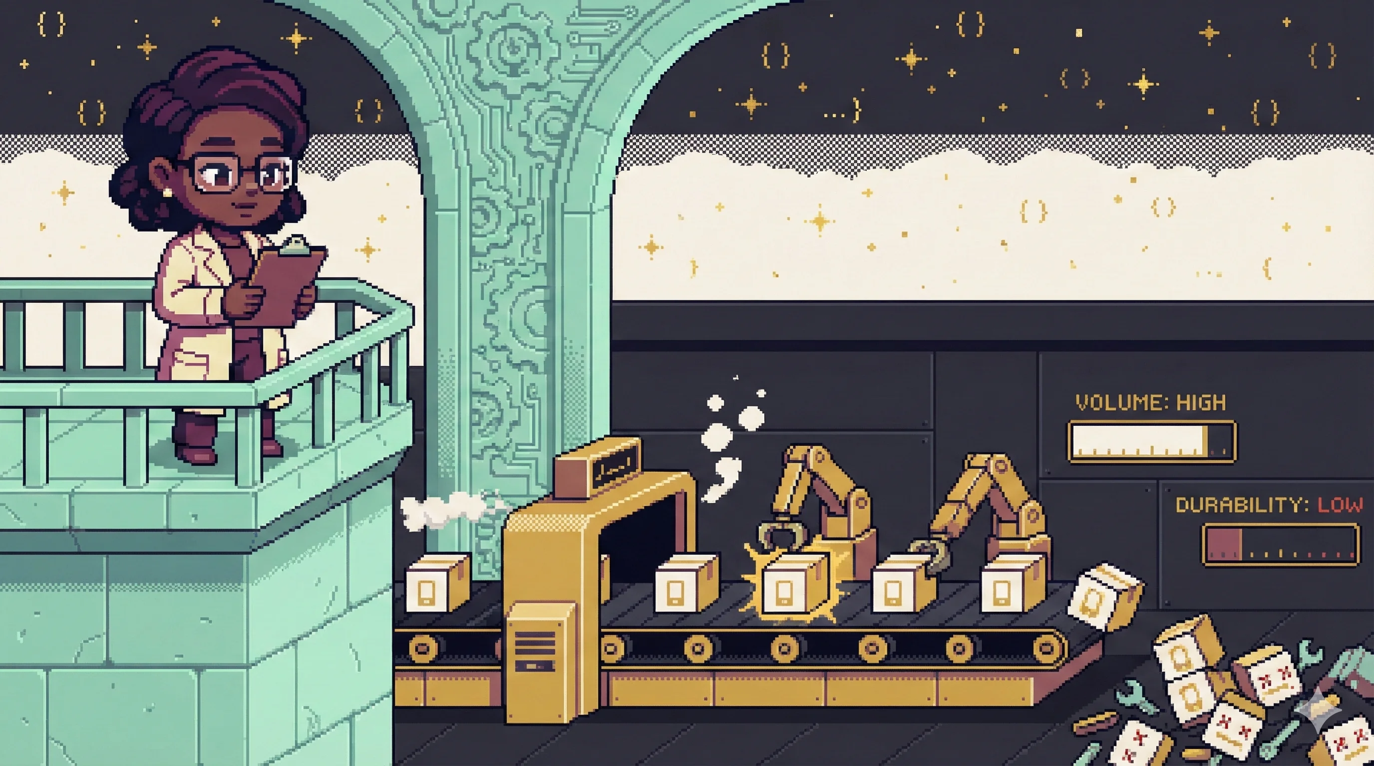 16비트 픽셀 아트: 엔지니어가 발코니에서 컨베이어 벨트와 로봇 팔이 쏟아내는 상자들을 감독하고 있다. 볼륨은 높고 내구성은 낮음.