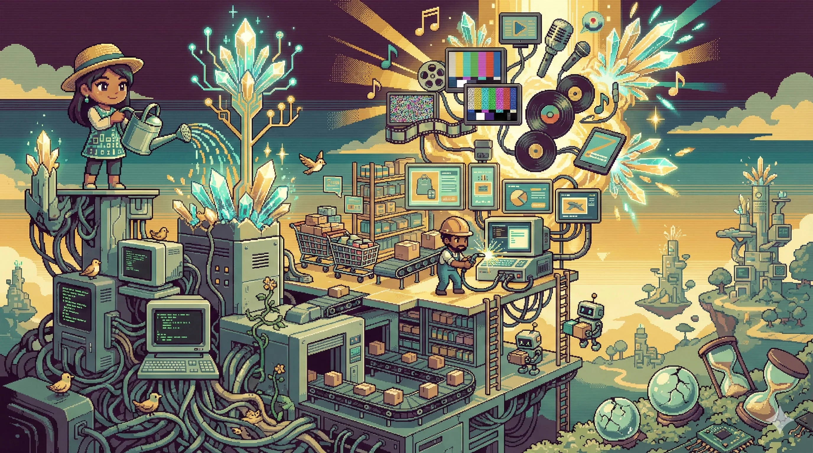 16비트 픽셀 아트로 그린 3개 시대를 관통하는 거대한 기술 생태계 타워 — 메인프레임 기반부터 소매·미디어 중간층, AI 결정체가 빛나는 꼭대기까지 유기적으로 성장하는 모습