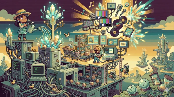 16비트 픽셀 아트로 그린 3개 시대를 관통하는 거대한 기술 생태계 타워 — 메인프레임 기반부터 소매·미디어 중간층, AI 결정체가 빛나는 꼭대기까지 유기적으로 성장하는 모습