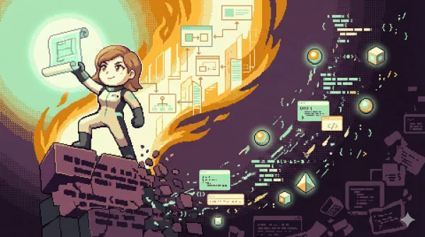 16비트 픽셀 아트: 아키텍처 청사진을 들고 있는 개발자, 아래로 부서지는 옛 코드와 위로 떠오르는 새로운 시스템 설계도