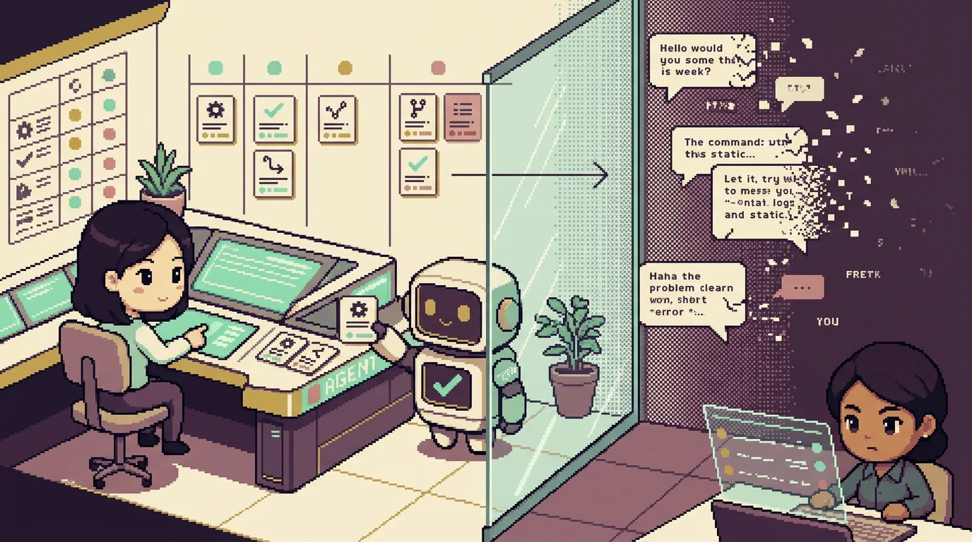 16비트 픽셀 아트: 인간과 로봇이 함께 일하는 구조화된 대시보드와 흩어지는 채팅 버블의 대비