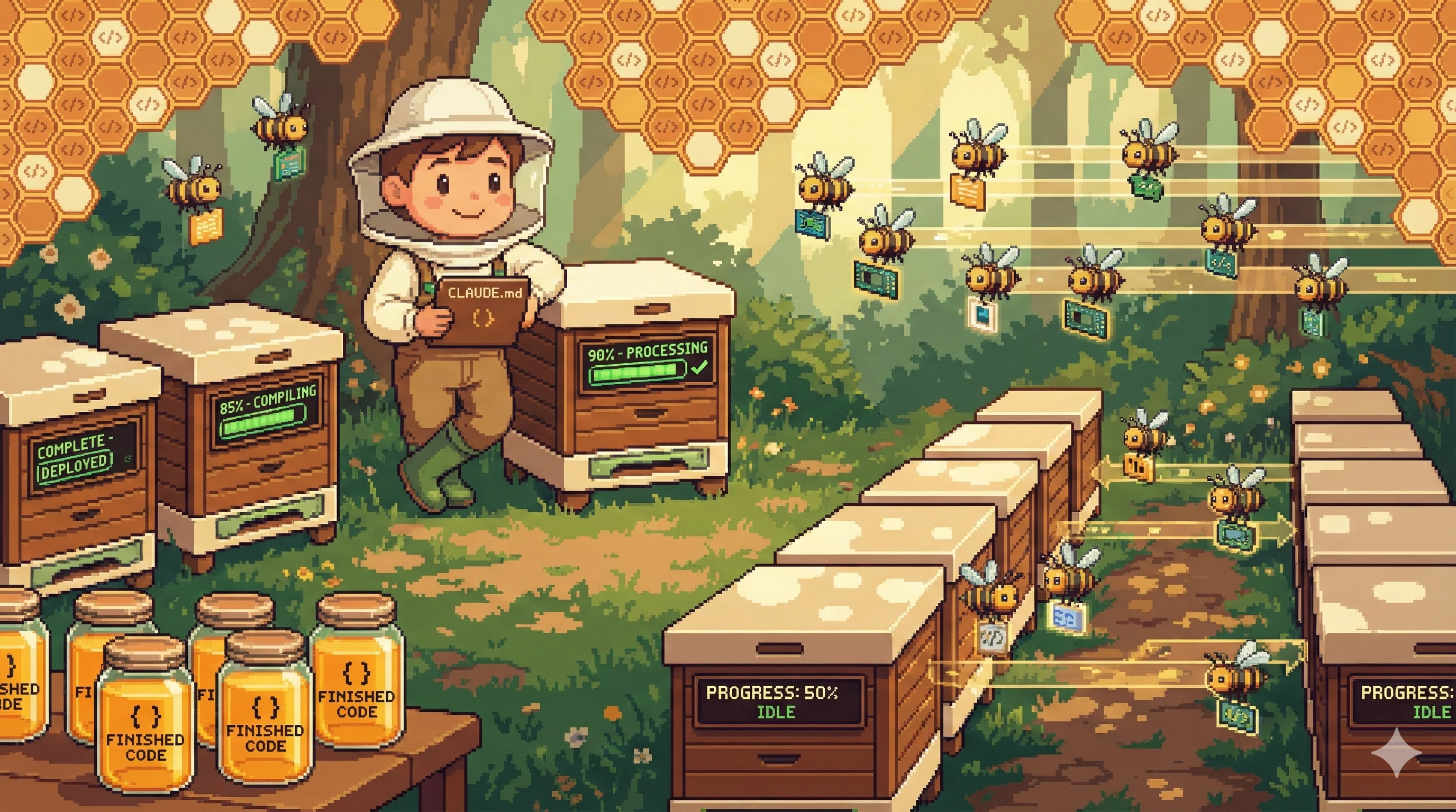 AI 에이전트를 양봉처럼 관리하는 16비트 픽셀아트, 디지털 벌통과 양봉사