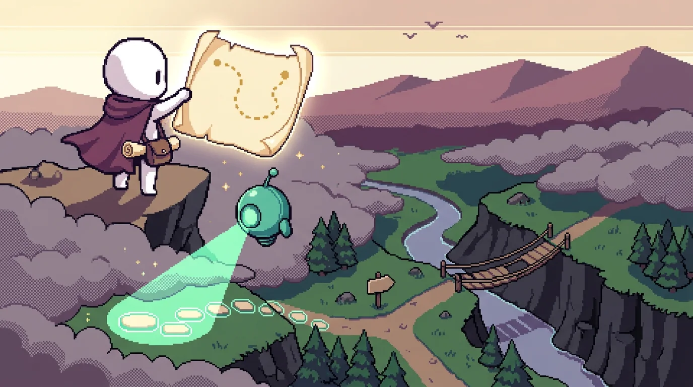16-bit pixel art of a chibi explorer on an overlook holding a glowing parchment map while a teal robot's mint scan beam reveals stepping stones in a foggy valley
