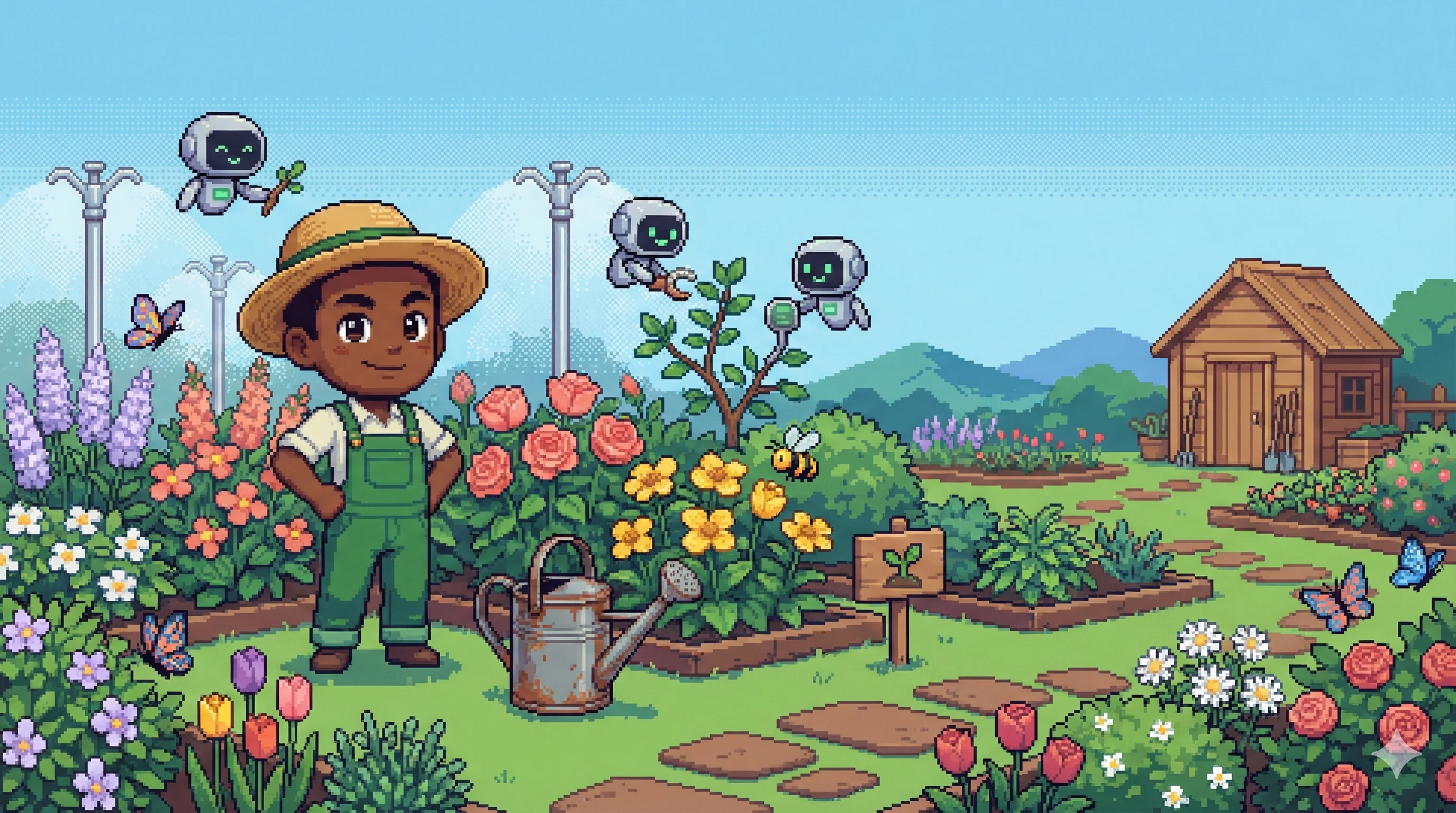 16비트 픽셀 아트 스타일의 정원사가 자동 관개 시스템이 있는 아름다운 정원에서 자신의 작품을 바라보고 있다