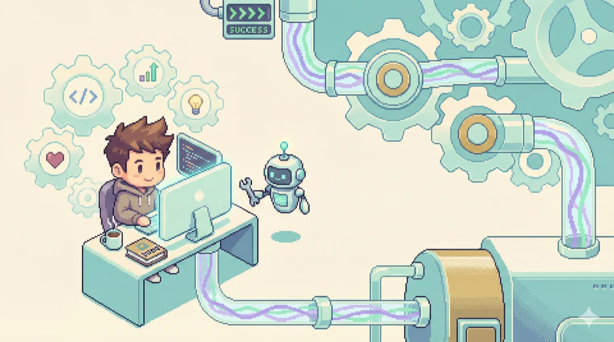 부드럽게 맞물리는 기어들 속 만족스러운 개발자 - 16비트 픽셀 아트