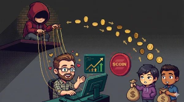 16비트 픽셀아트: 후드 입은 내부자가 마리오네트 줄로 개발자를 조종하고, 팬들은 빈 가방만 들고 있는 펌프앤덤프 사기 구조