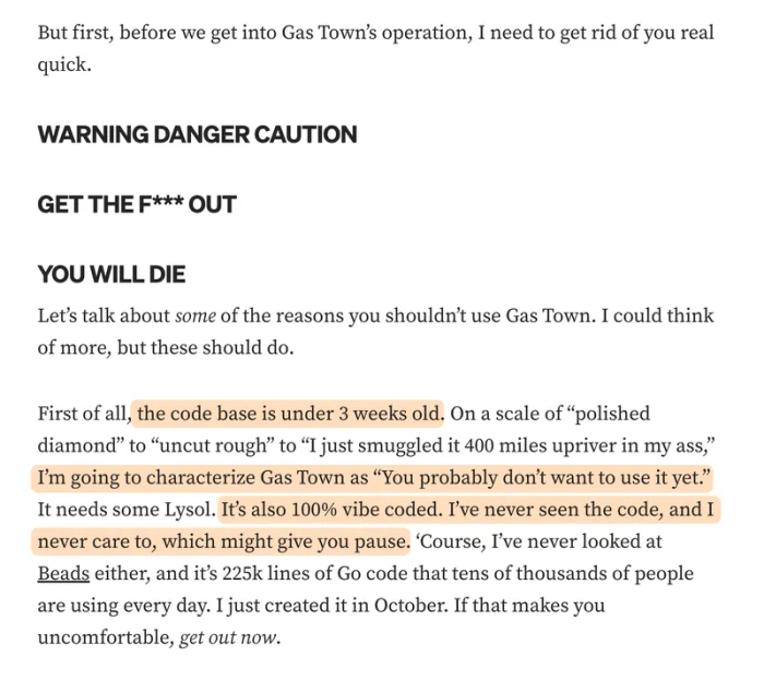 Gas Town을 사용하지 말라는 Yegge의 강조된 경고문