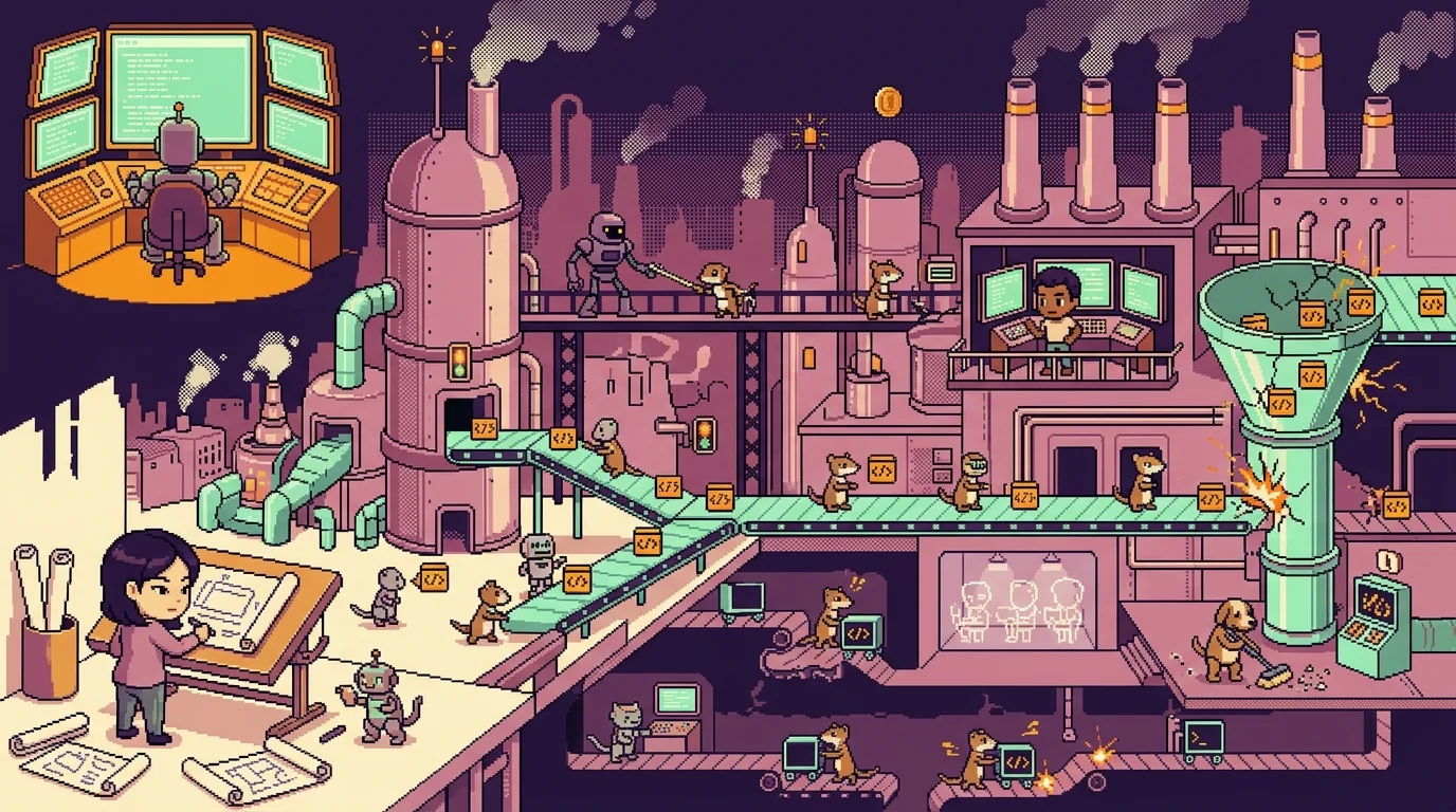 16비트 픽셀아트 스타일의 산업 도시 — 로봇 시장이 제어 콘솔에서 노동자 로봇들을 지휘하는 가운데, 치비 디자이너가 설계도를 그리고 있다