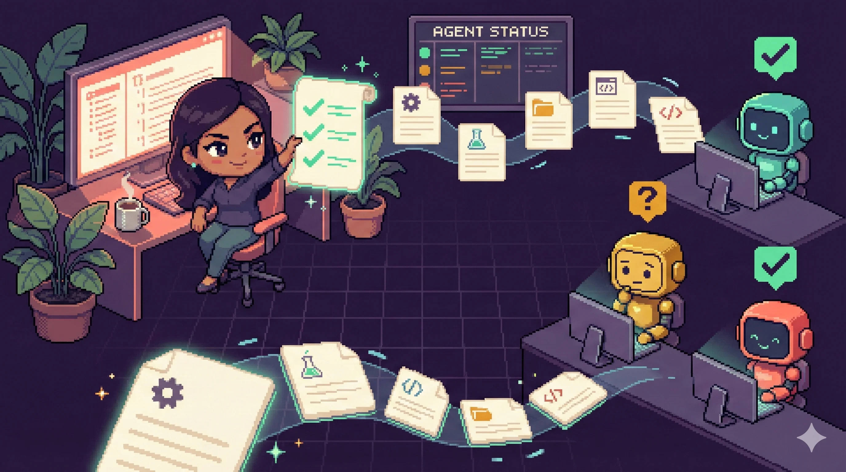 16비트 픽셀아트 커맨드 센터: 개발자가 구조화된 스펙 문서로 AI 에이전트들을 조율하는 장면