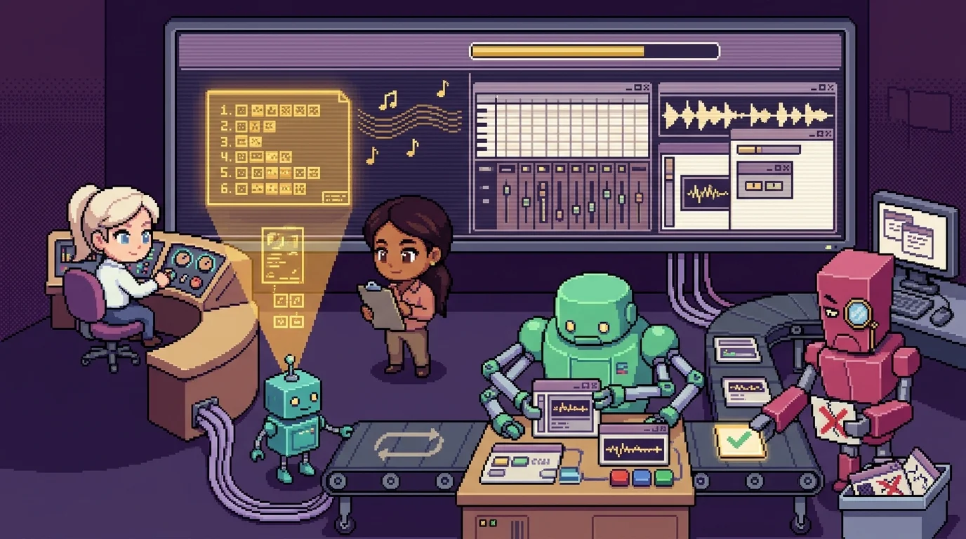 16-bit pixel art command center with planner, generator, and evaluator robots working on an assembly line