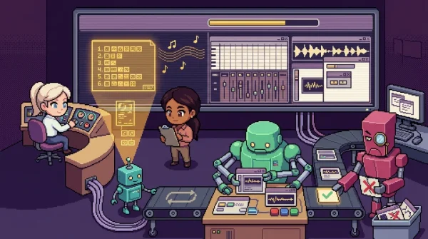 16-bit pixel art command center with planner, generator, and evaluator robots working on an assembly line