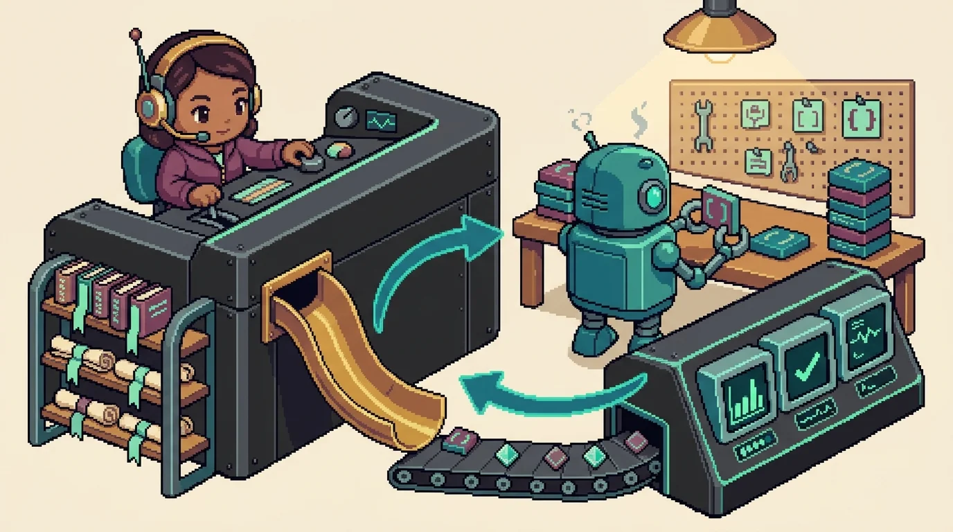 16-bit pixel art of a chibi engineer at a control console steering a robot worker through feedforward guides and feedback sensors
