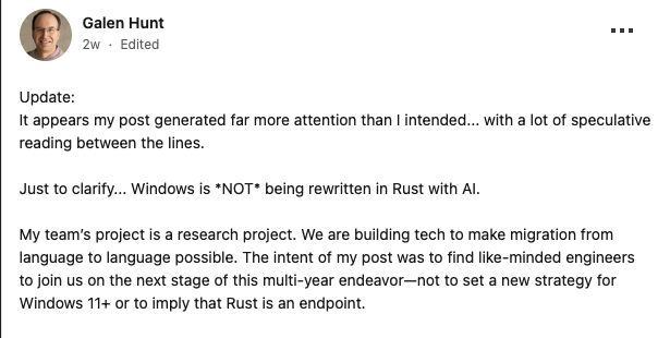 Galen Hunt의 수정된 LinkedIn 포스트 - 이전 발표가 실제로는 '연구 프로젝트'였음을 해명