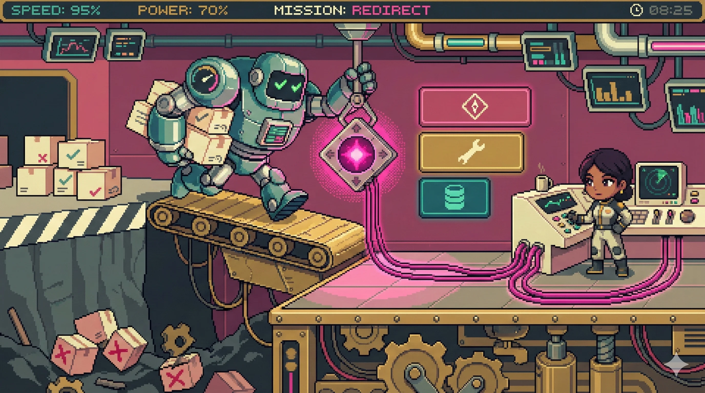 16비트 픽셀아트: 컨베이어 벨트 위 로봇이 절벽을 향해 돌진하는 가운데, 제어 콘솔의 오퍼레이터가 나침반 장치를 설치하여 방향을 전환하는 장면