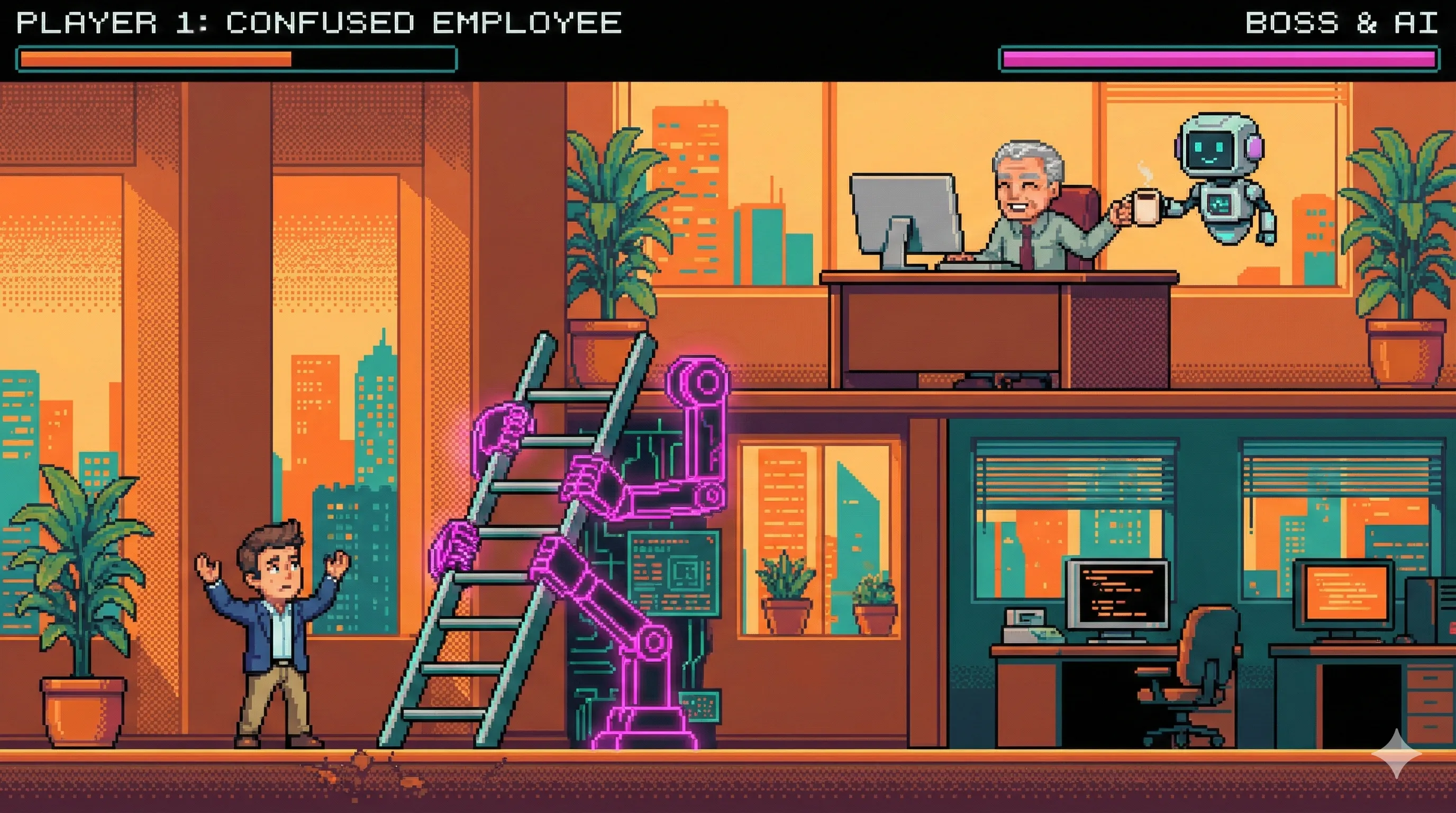 AI 로봇이 사다리를 들고 있는 픽셀 아트 게임 화면