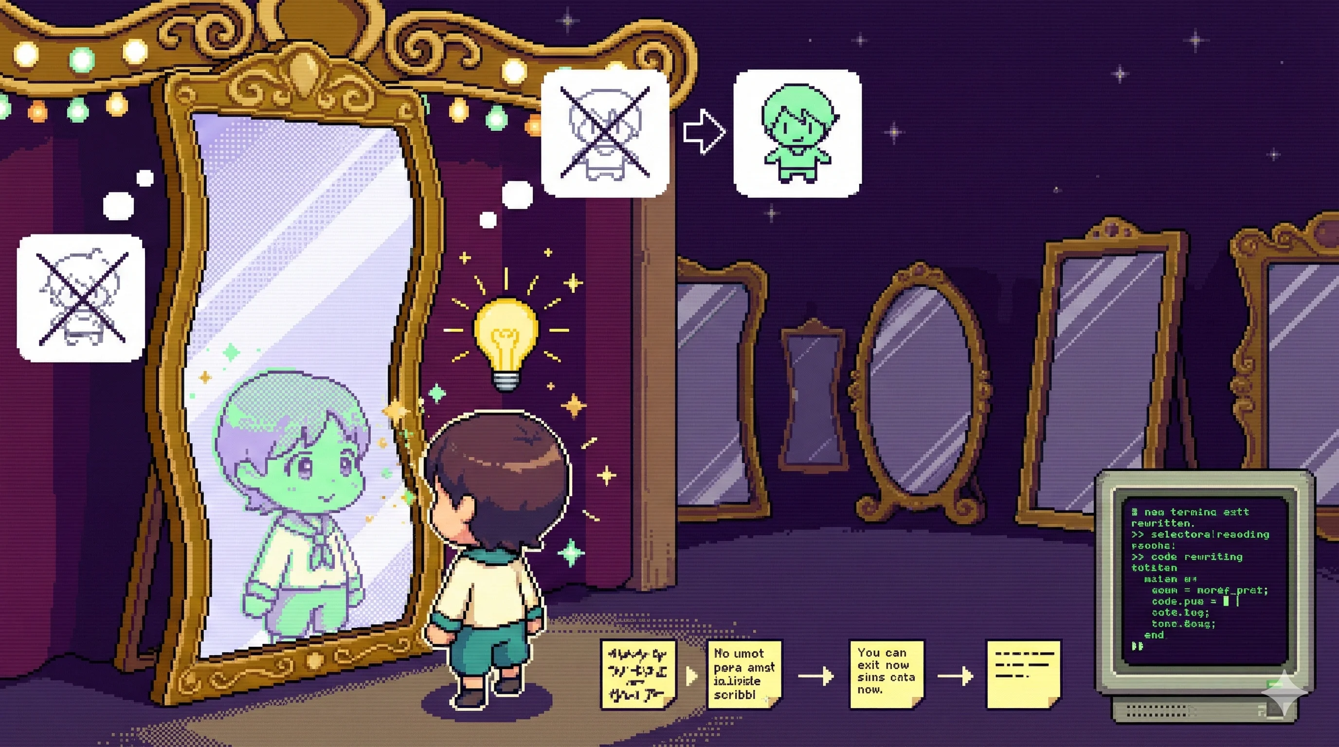 놀이공원 펀하우스 거울 앞에 선 캐릭터가 왜곡된 자기 반영을 통해 깨달음을 얻는 16비트 픽셀아트