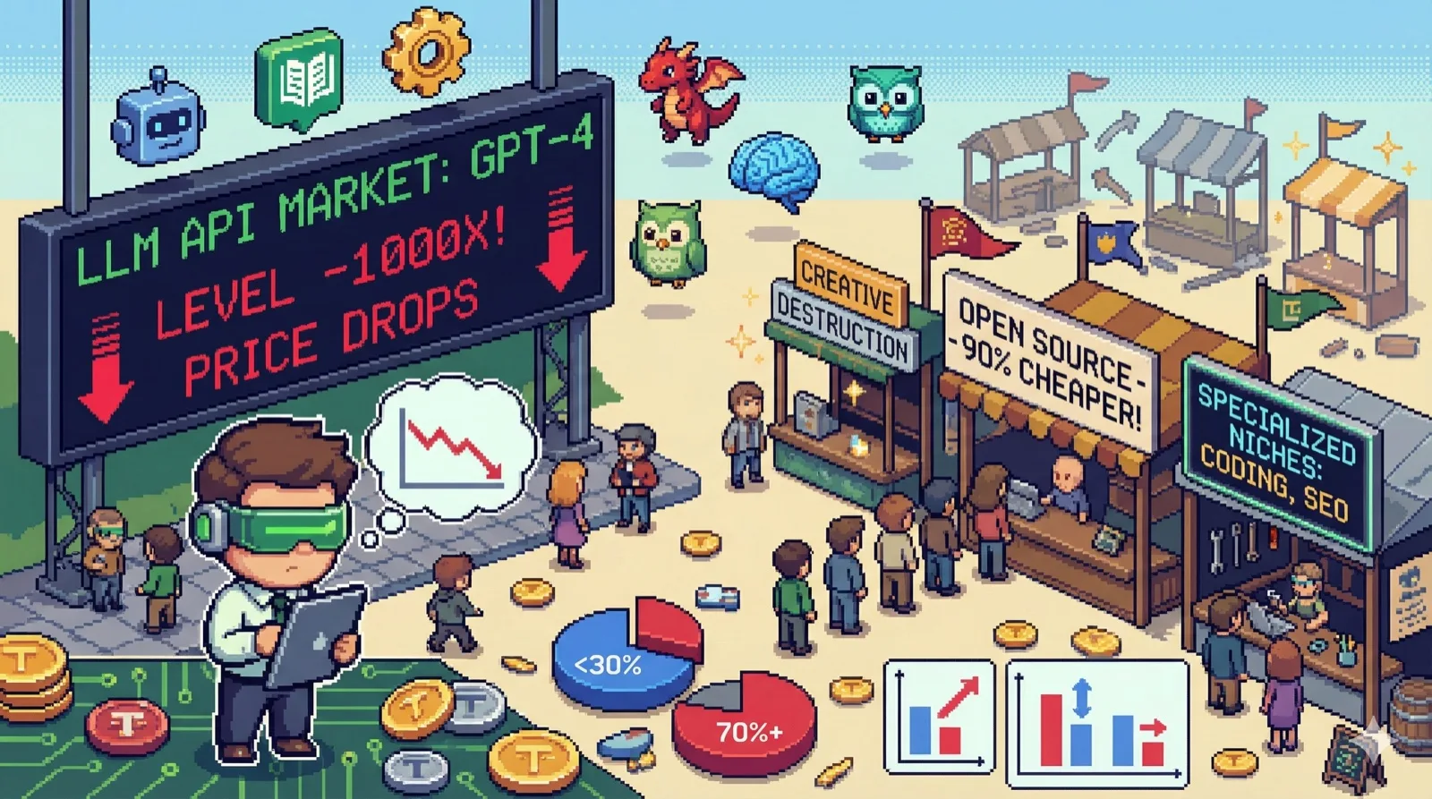 LLM 시장의 가격과 수요 역학을 상징하는 일러스트레이션