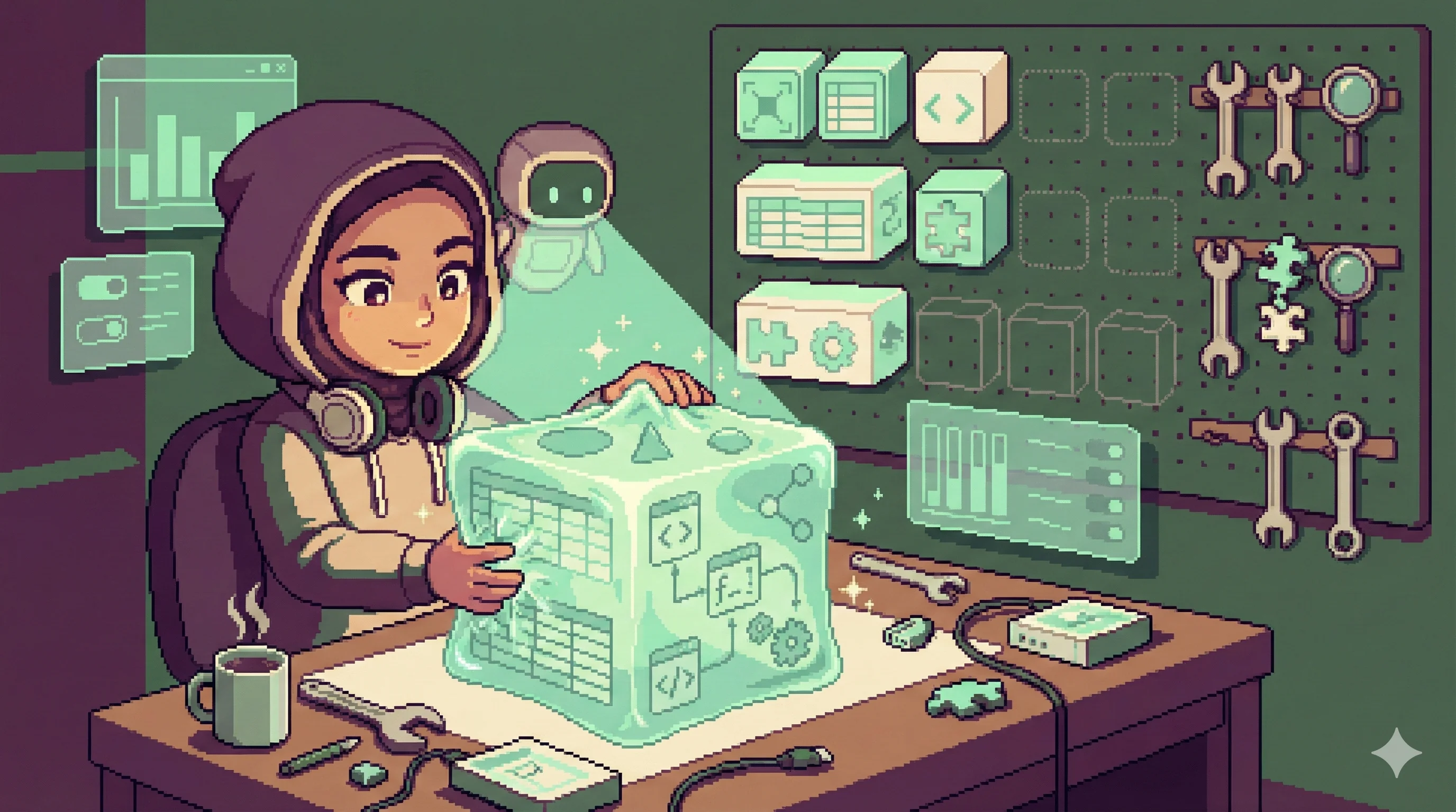 16비트 픽셀아트 - 중동계 여성 캐릭터가 로봇 어시스턴트와 함께 빛나는 소프트웨어 큐브를 점토처럼 빚고 있는 크리에이티브 워크숍