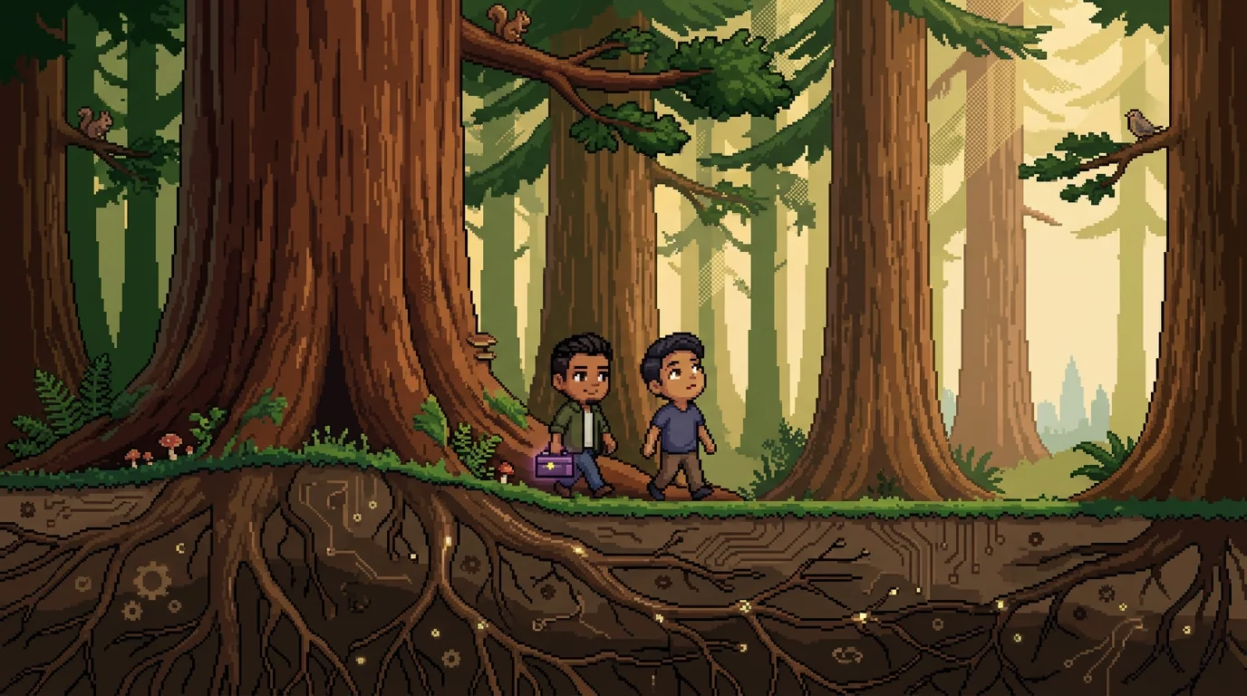 16비트 픽셀아트 — 거대한 레드우드 숲을 걷는 두 친구, 나무 아래로 깊은 뿌리가 보이는 단면도
