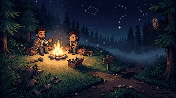 16비트 픽셀아트 야간 캠프파이어 장면 — 두 캐릭터가 모닥불 옆 통나무에 앉아 대화하고, 주변에는 버려진 연장과 갈림길이 어둠 속으로 사라진다