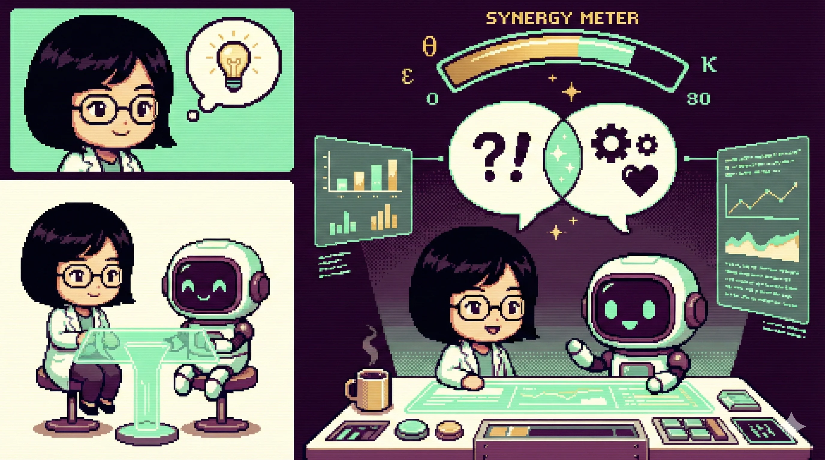 픽셀 아트 스타일의 일러스트: 안경 쓴 과학자와 친근한 로봇이 함께 데이터를 분석하며, 상단에 'SYNERGY METER'가 θ에서 κ까지의 시너지 수준을 표시하고 있다