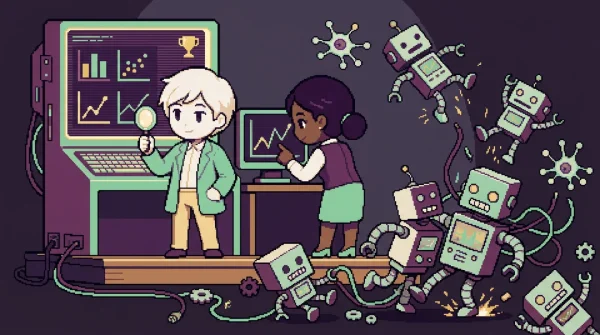 데이터 과학자의 복수 — 16비트 픽셀 아트 일러스트레이션