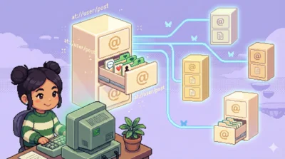 AT Protocol의 파일시스템 구조를 표현한 픽셀 아트 일러스트레이션