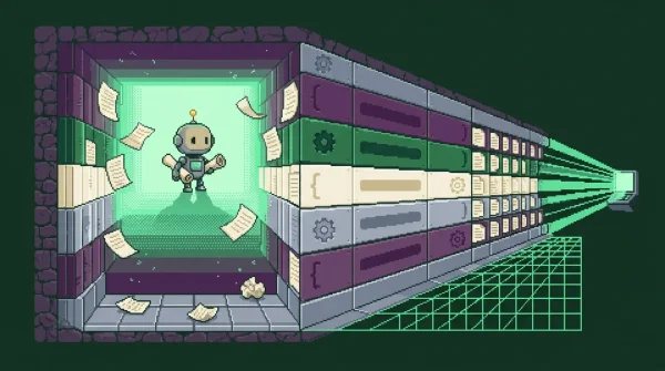 16-bit pixel art of a robot navigating a narrowing corridor of spec documents