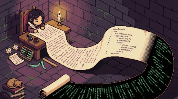 중세 서기실에서 두루마리가 코드로 변해가는 16비트 픽셀 아트