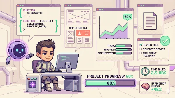 16비트 픽셀아트: 엔지니어가 빛나는 픽셀 블록 탑 꼭대기에서 노트북을 들고 앉아 있고, 로봇이 블록을 쌓으며, 바닥의 엔지니어들이 올려다보는 야경