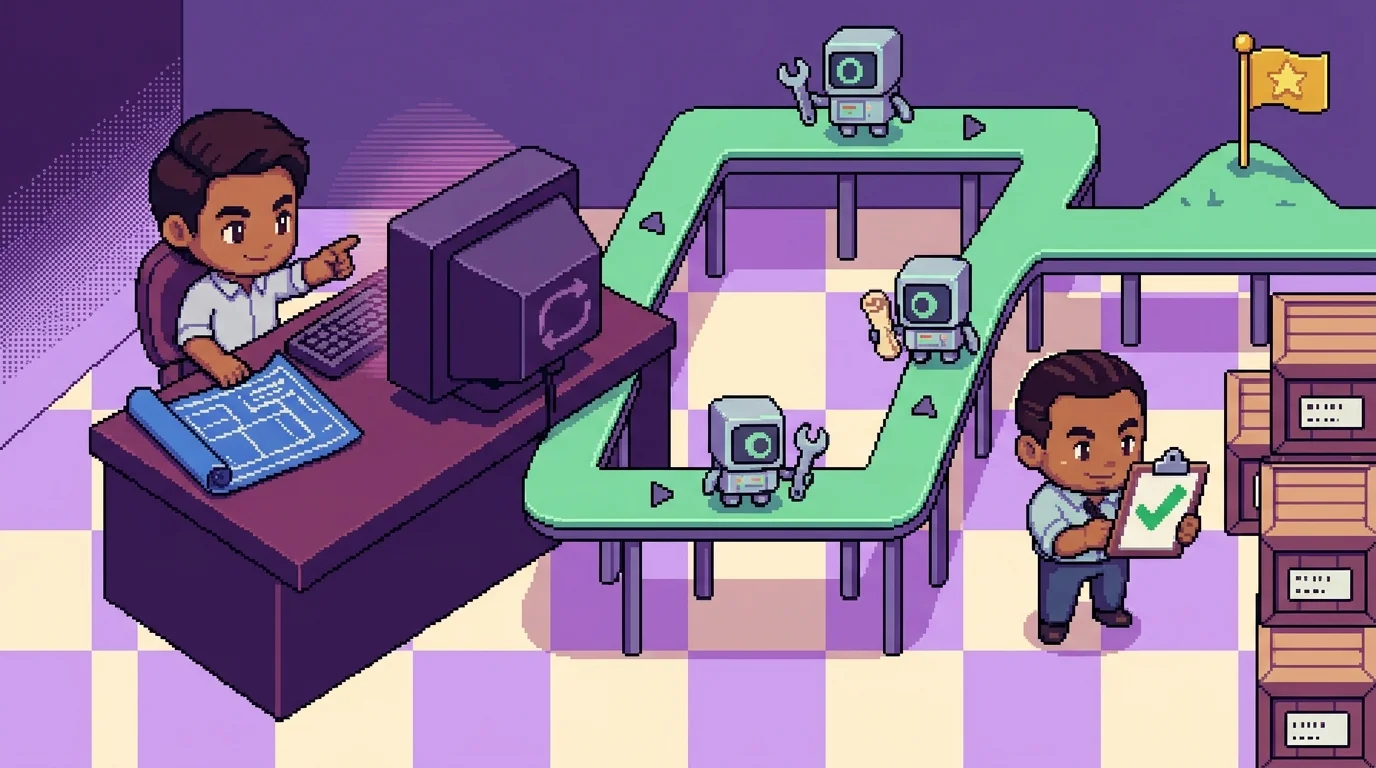 16비트 픽셀 아트 — 에이전틱 엔지니어링 장면