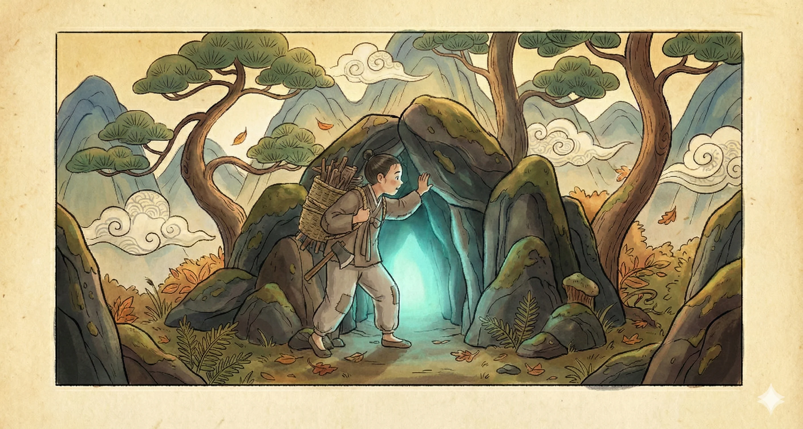 바위틈에서 푸른 빛이 새어 나오는 동굴을 발견한 봉구