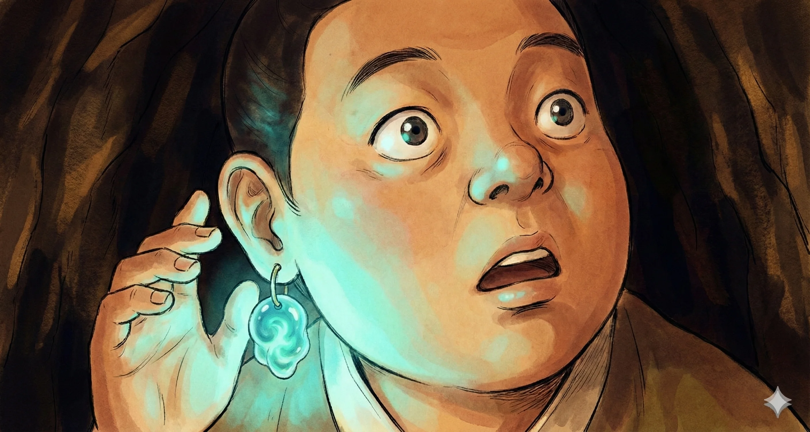 귀걸이를 끼고 첫 속삭임을 듣는 봉구