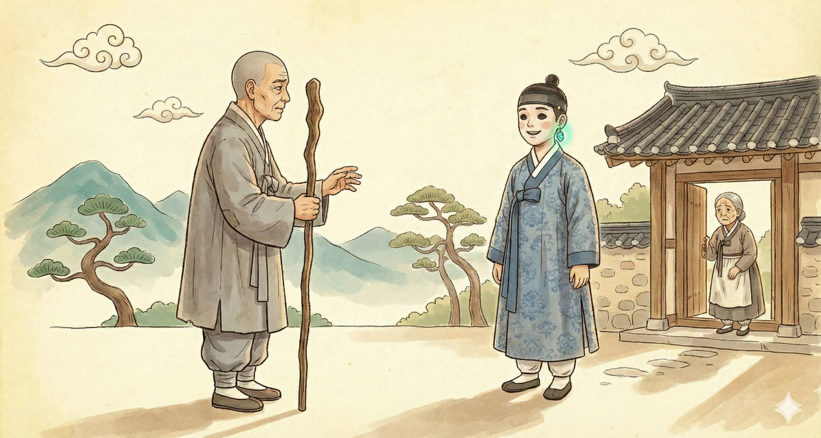 텅 빈 봉구의 눈을 들여다보며 한숨 짓는 스님