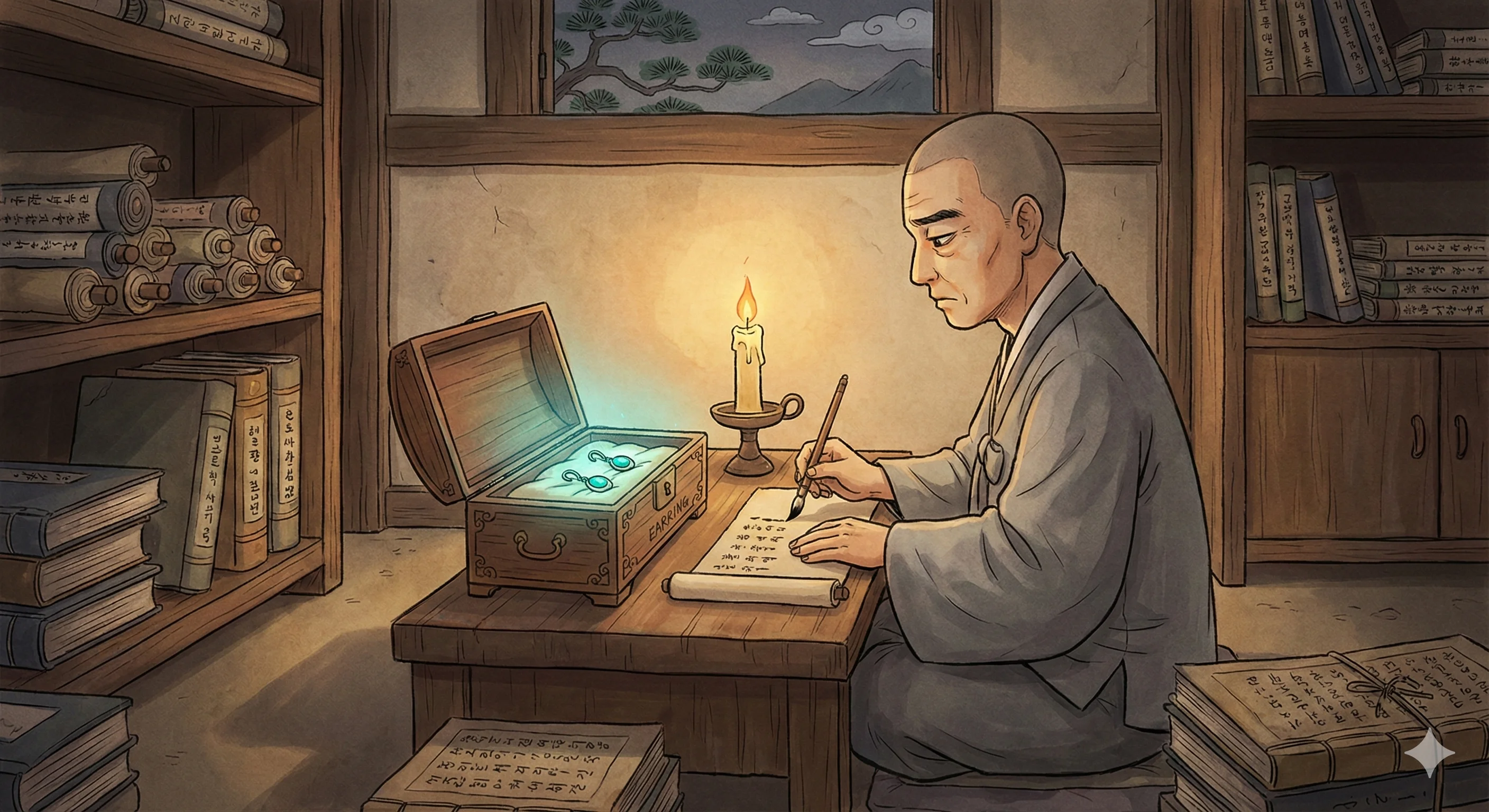 절 깊은 곳에서 귀걸이를 봉인하며 경구를 적는 스님